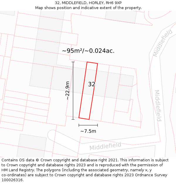 32, MIDDLEFIELD, HORLEY, RH6 9XP: Plot and title map
