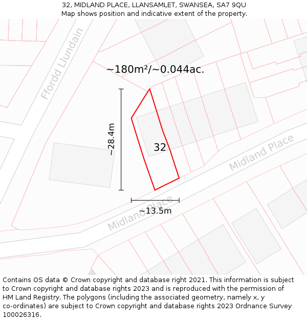 32, MIDLAND PLACE, LLANSAMLET, SWANSEA, SA7 9QU: Plot and title map