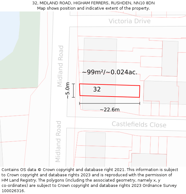 32, MIDLAND ROAD, HIGHAM FERRERS, RUSHDEN, NN10 8DN: Plot and title map