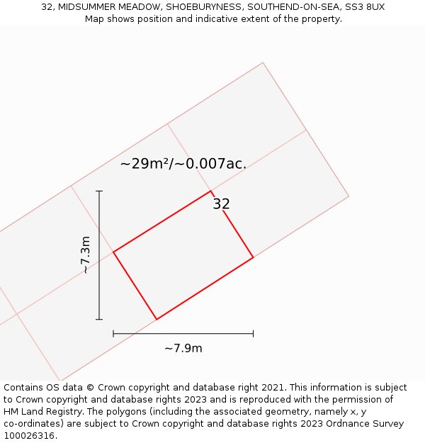 32, MIDSUMMER MEADOW, SHOEBURYNESS, SOUTHEND-ON-SEA, SS3 8UX: Plot and title map