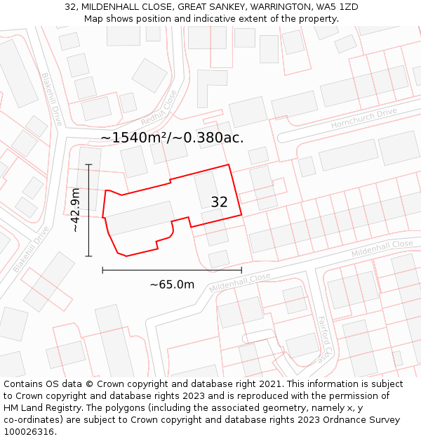 32, MILDENHALL CLOSE, GREAT SANKEY, WARRINGTON, WA5 1ZD: Plot and title map