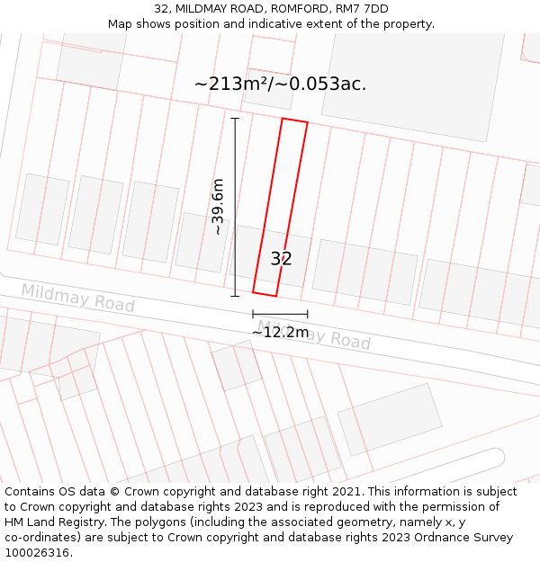 32, MILDMAY ROAD, ROMFORD, RM7 7DD: Plot and title map