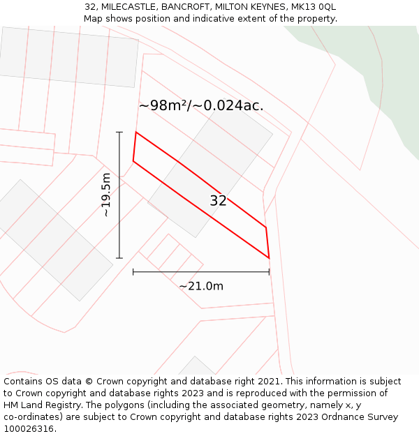 32, MILECASTLE, BANCROFT, MILTON KEYNES, MK13 0QL: Plot and title map