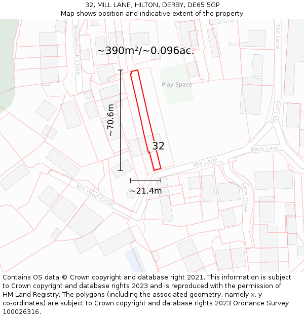 32, MILL LANE, HILTON, DERBY, DE65 5GP: Plot and title map