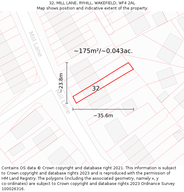 32, MILL LANE, RYHILL, WAKEFIELD, WF4 2AL: Plot and title map