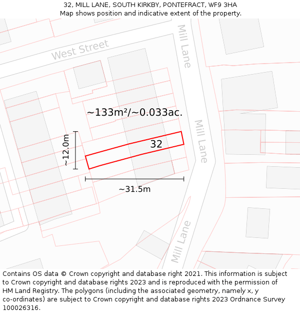 32, MILL LANE, SOUTH KIRKBY, PONTEFRACT, WF9 3HA: Plot and title map