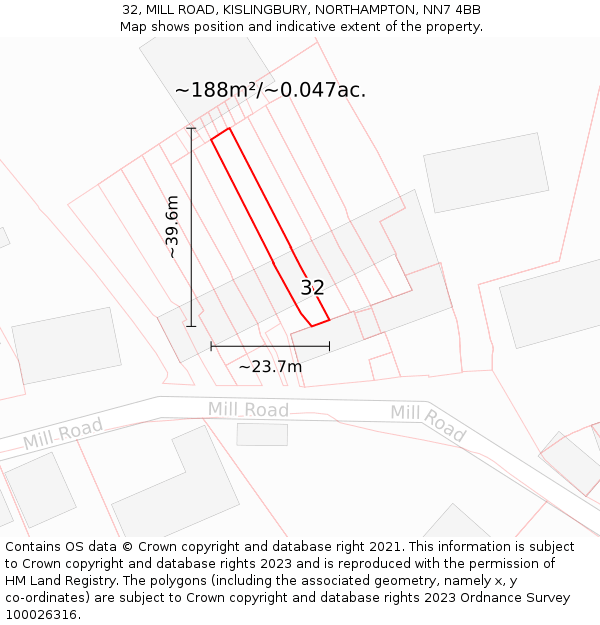 32, MILL ROAD, KISLINGBURY, NORTHAMPTON, NN7 4BB: Plot and title map