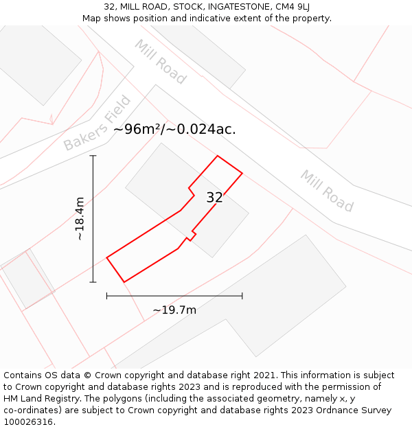 32, MILL ROAD, STOCK, INGATESTONE, CM4 9LJ: Plot and title map