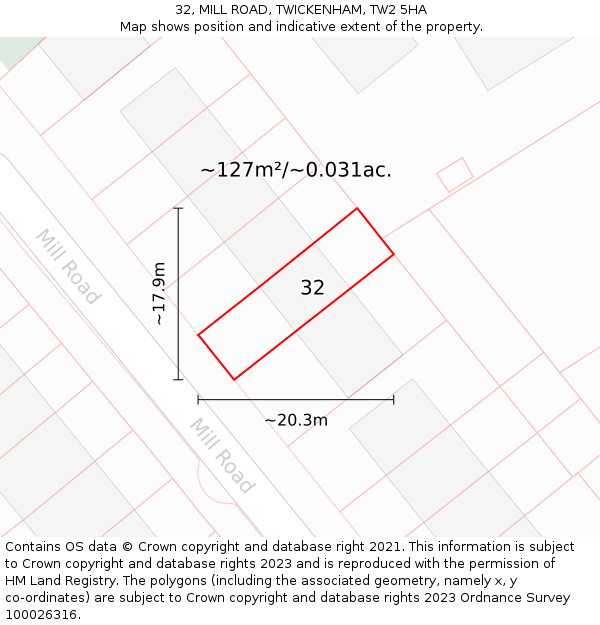 32, MILL ROAD, TWICKENHAM, TW2 5HA: Plot and title map