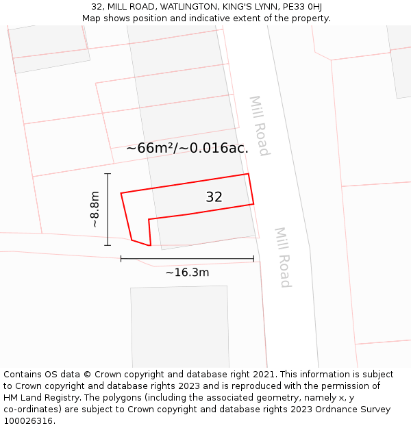 32, MILL ROAD, WATLINGTON, KING'S LYNN, PE33 0HJ: Plot and title map