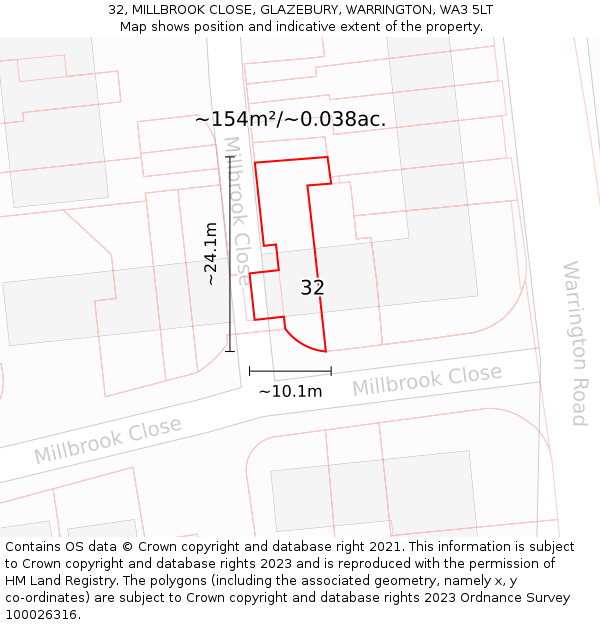 32, MILLBROOK CLOSE, GLAZEBURY, WARRINGTON, WA3 5LT: Plot and title map