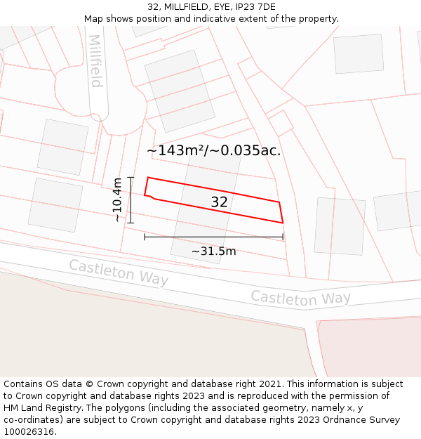 32, MILLFIELD, EYE, IP23 7DE: Plot and title map