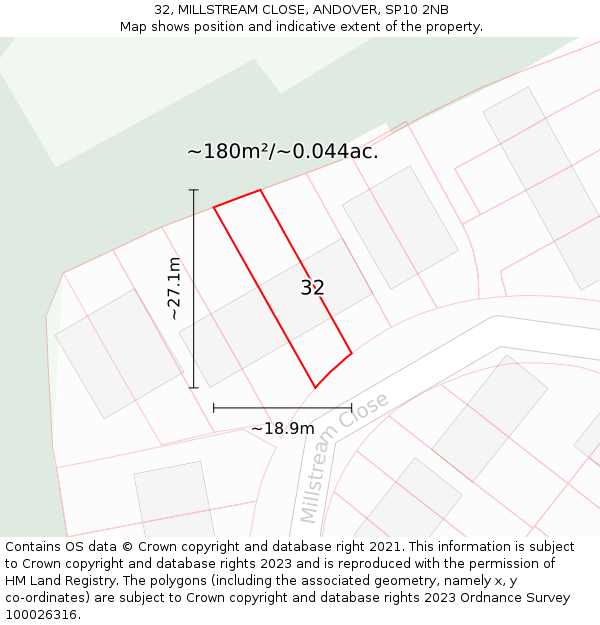 32, MILLSTREAM CLOSE, ANDOVER, SP10 2NB: Plot and title map