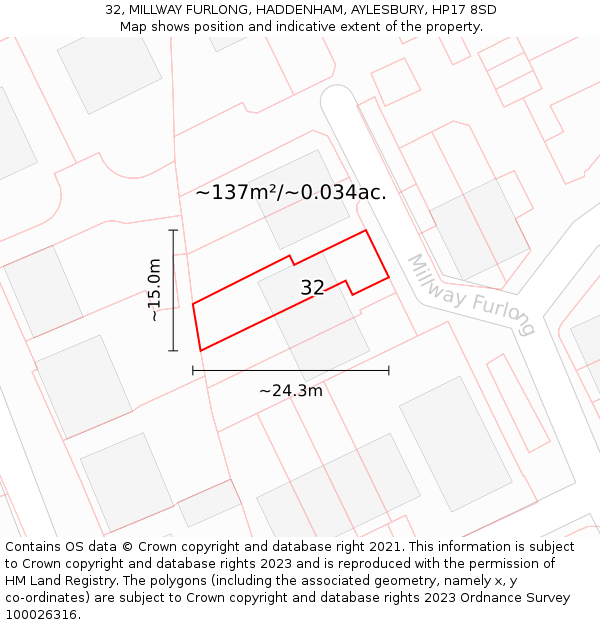 32, MILLWAY FURLONG, HADDENHAM, AYLESBURY, HP17 8SD: Plot and title map