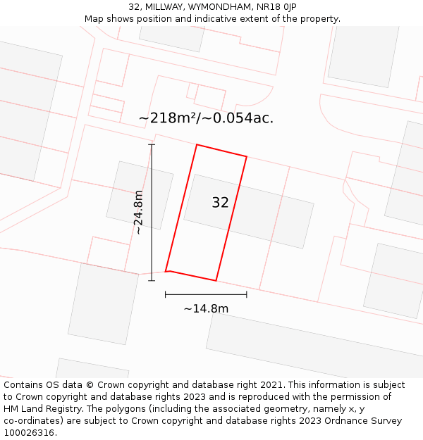 32, MILLWAY, WYMONDHAM, NR18 0JP: Plot and title map