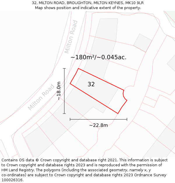 32, MILTON ROAD, BROUGHTON, MILTON KEYNES, MK10 9LR: Plot and title map