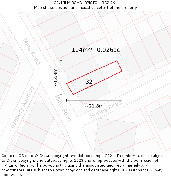 32, MINA ROAD, BRISTOL, BS2 9XH: Plot and title map