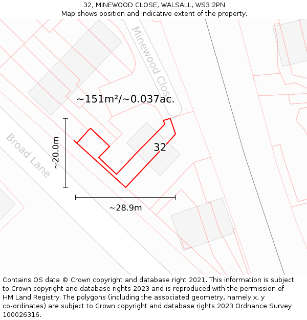 32, MINEWOOD CLOSE, WALSALL, WS3 2PN: Plot and title map