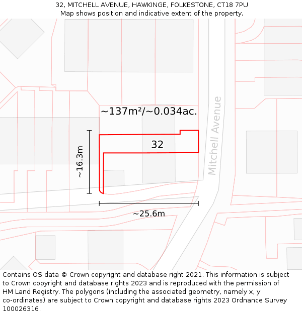32, MITCHELL AVENUE, HAWKINGE, FOLKESTONE, CT18 7PU: Plot and title map