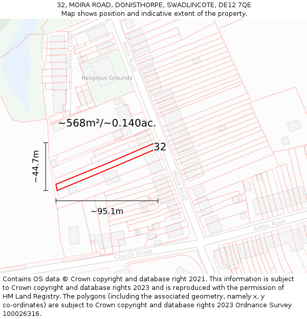 32, MOIRA ROAD, DONISTHORPE, SWADLINCOTE, DE12 7QE: Plot and title map