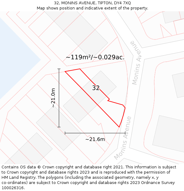 32, MONINS AVENUE, TIPTON, DY4 7XQ: Plot and title map