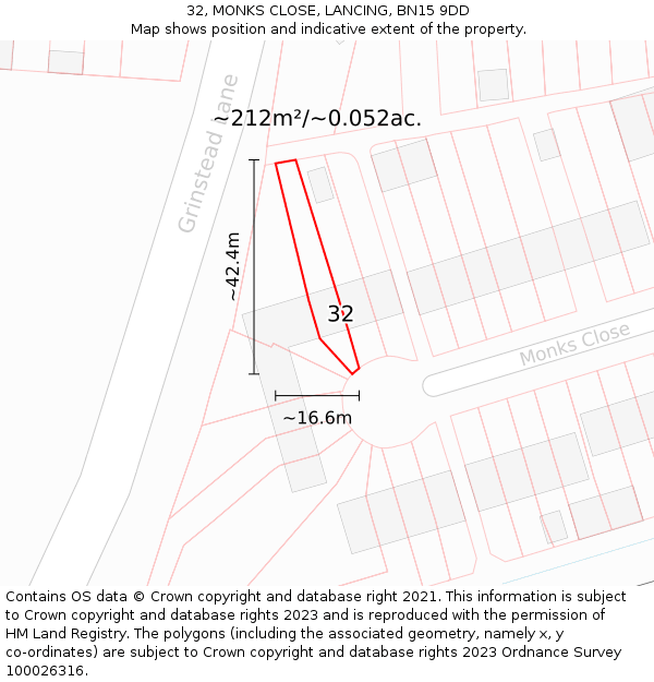 32, MONKS CLOSE, LANCING, BN15 9DD: Plot and title map