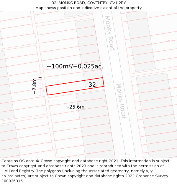 32, MONKS ROAD, COVENTRY, CV1 2BY: Plot and title map