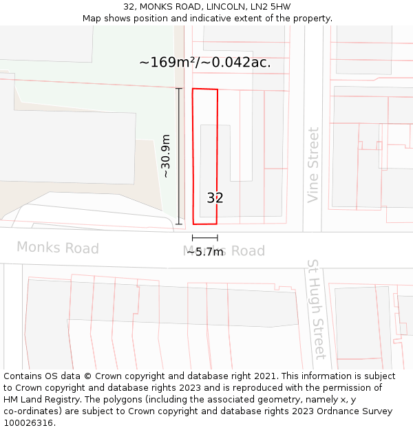 32, MONKS ROAD, LINCOLN, LN2 5HW: Plot and title map