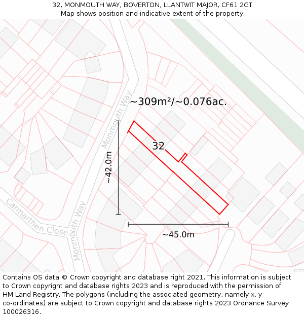 32, MONMOUTH WAY, BOVERTON, LLANTWIT MAJOR, CF61 2GT: Plot and title map
