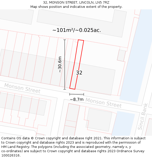 32, MONSON STREET, LINCOLN, LN5 7RZ: Plot and title map