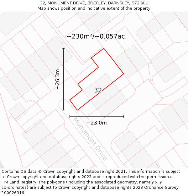 32, MONUMENT DRIVE, BRIERLEY, BARNSLEY, S72 9LU: Plot and title map