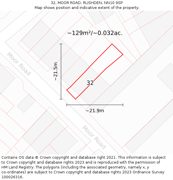 32, MOOR ROAD, RUSHDEN, NN10 9SP: Plot and title map
