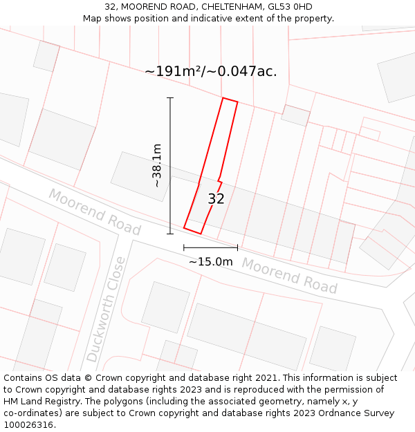 32, MOOREND ROAD, CHELTENHAM, GL53 0HD: Plot and title map