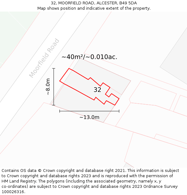 32, MOORFIELD ROAD, ALCESTER, B49 5DA: Plot and title map