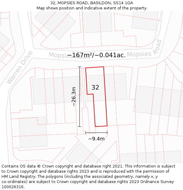 32, MOPSIES ROAD, BASILDON, SS14 1GA: Plot and title map