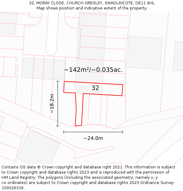 32, MORAY CLOSE, CHURCH GRESLEY, SWADLINCOTE, DE11 9HL: Plot and title map