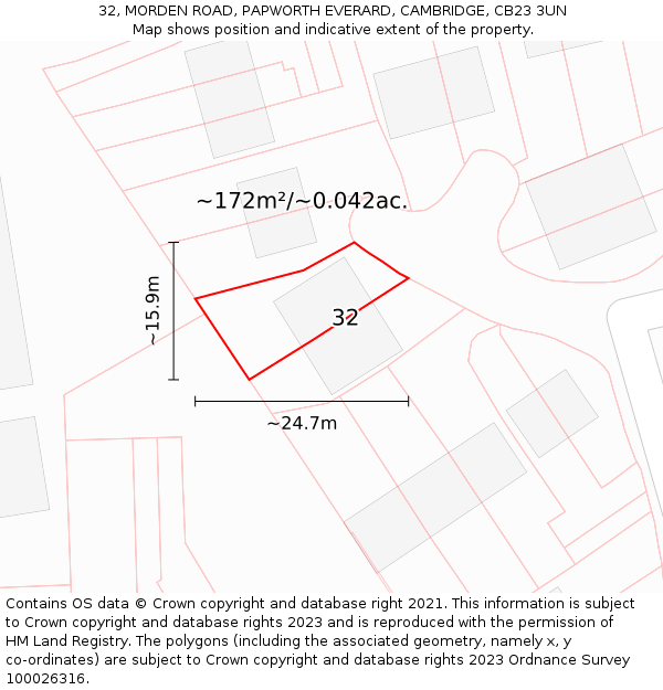 32, MORDEN ROAD, PAPWORTH EVERARD, CAMBRIDGE, CB23 3UN: Plot and title map