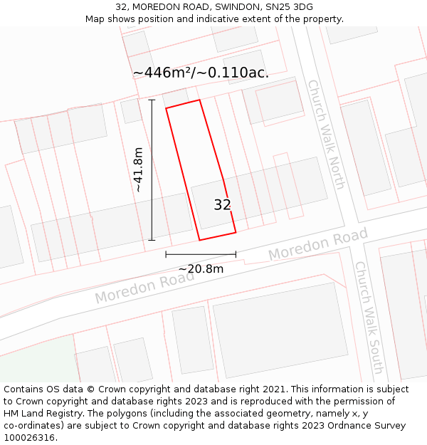 32, MOREDON ROAD, SWINDON, SN25 3DG: Plot and title map