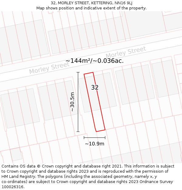 32, MORLEY STREET, KETTERING, NN16 9LJ: Plot and title map