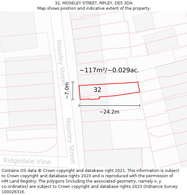 32, MOSELEY STREET, RIPLEY, DE5 3DA: Plot and title map