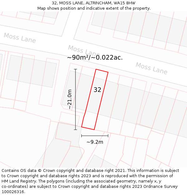 32, MOSS LANE, ALTRINCHAM, WA15 8HW: Plot and title map