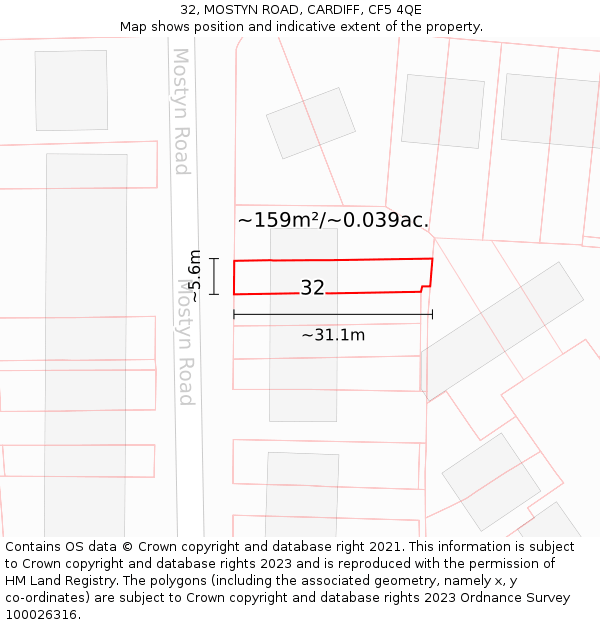 32, MOSTYN ROAD, CARDIFF, CF5 4QE: Plot and title map