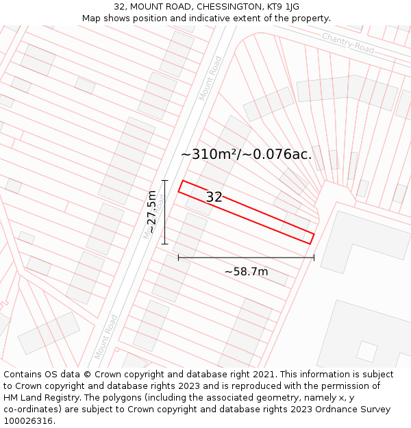 32, MOUNT ROAD, CHESSINGTON, KT9 1JG: Plot and title map