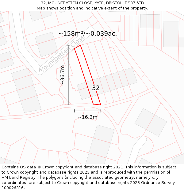 32, MOUNTBATTEN CLOSE, YATE, BRISTOL, BS37 5TD: Plot and title map