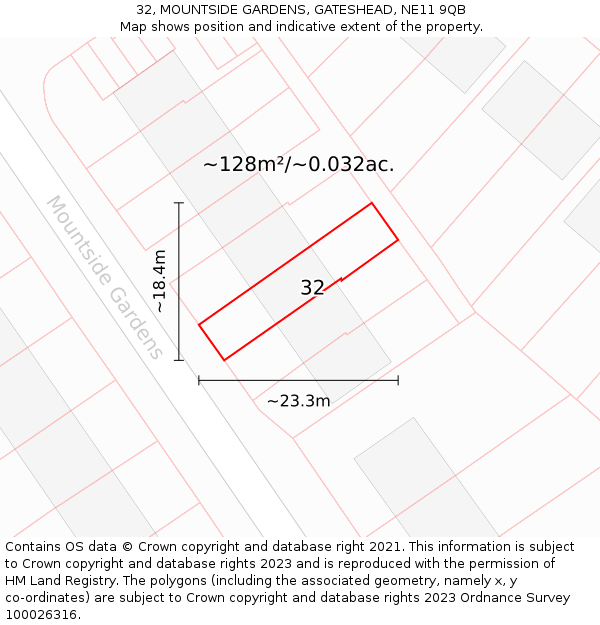 32, MOUNTSIDE GARDENS, GATESHEAD, NE11 9QB: Plot and title map