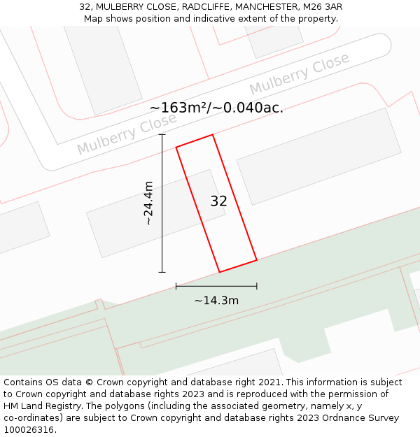 32, MULBERRY CLOSE, RADCLIFFE, MANCHESTER, M26 3AR: Plot and title map