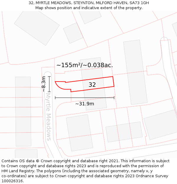 32, MYRTLE MEADOWS, STEYNTON, MILFORD HAVEN, SA73 1GH: Plot and title map