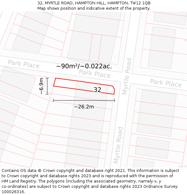 32, MYRTLE ROAD, HAMPTON HILL, HAMPTON, TW12 1QB: Plot and title map
