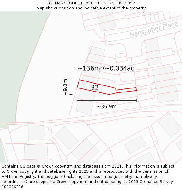 32, NANSCOBER PLACE, HELSTON, TR13 0SP: Plot and title map