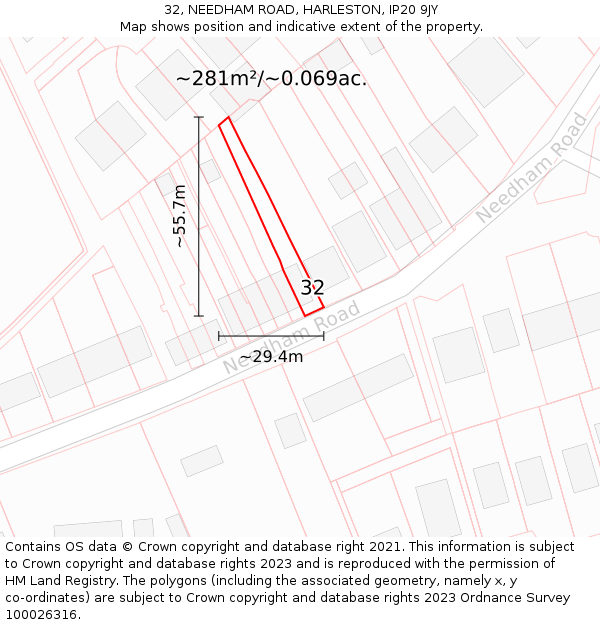 32, NEEDHAM ROAD, HARLESTON, IP20 9JY: Plot and title map